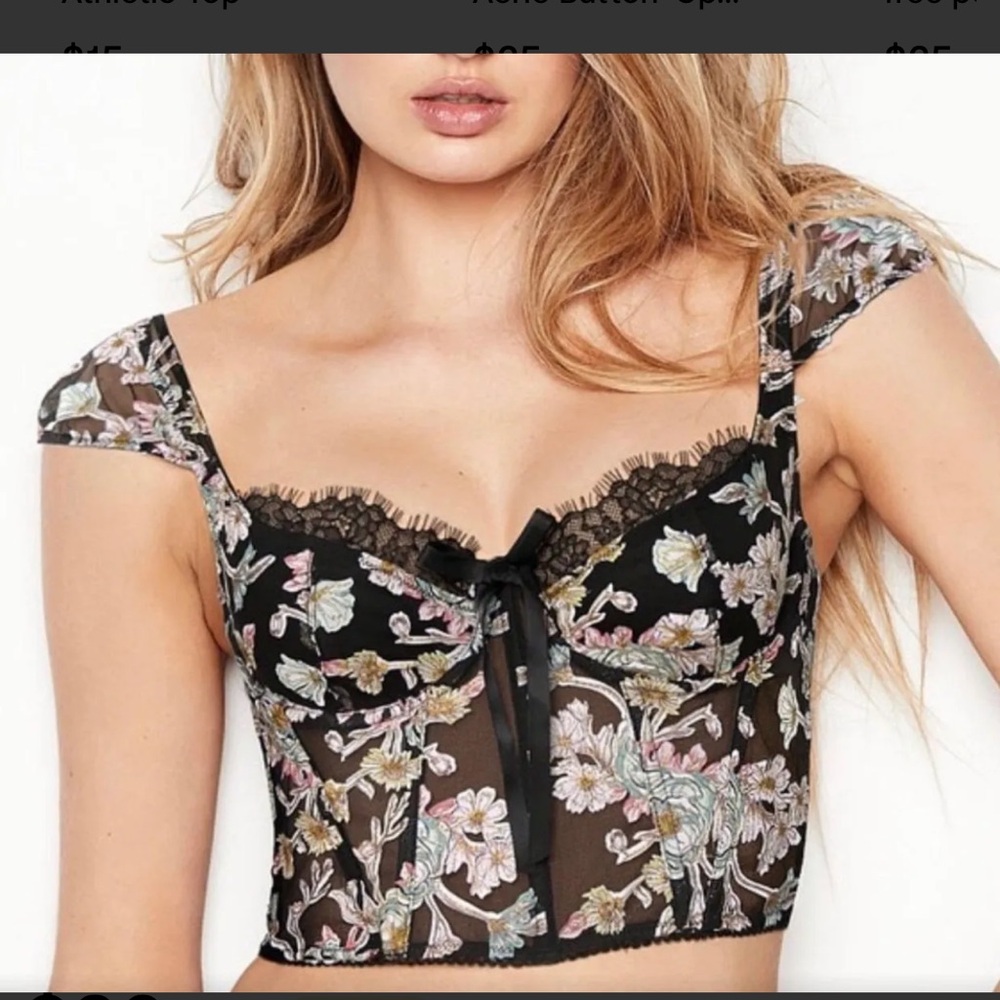 Victoria's Secret Black Sheer Floral Embroidered Crop Top/ bra/ corset top